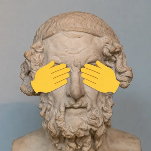 A marble bust of Homer covering his eyes with hand emojis.